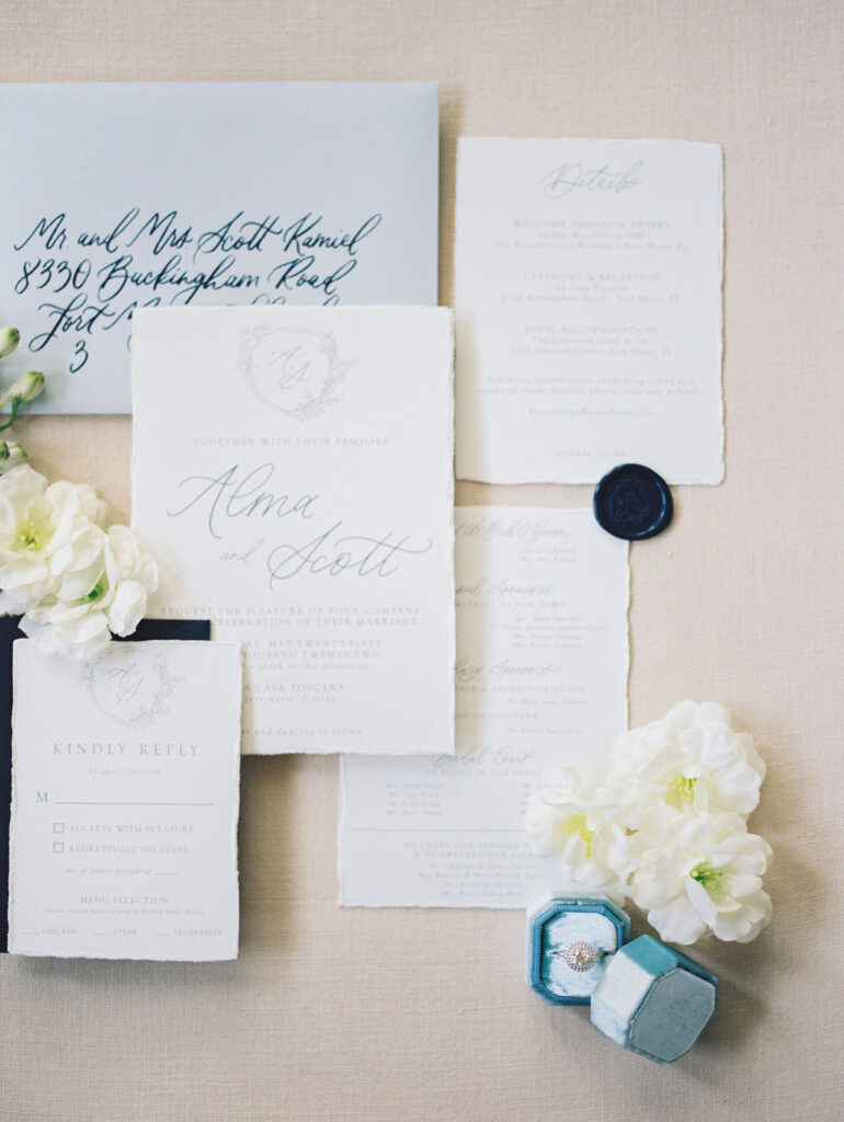 Bespoke French Blue Wedding Invitations by Lairsey Paper Co for a Spring Wedding by Blush and White captured by Tiffany Von Photography